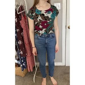 Vintage Hawaiian Top 80s Boxy Floral Medium Small Punk Grunge Retro